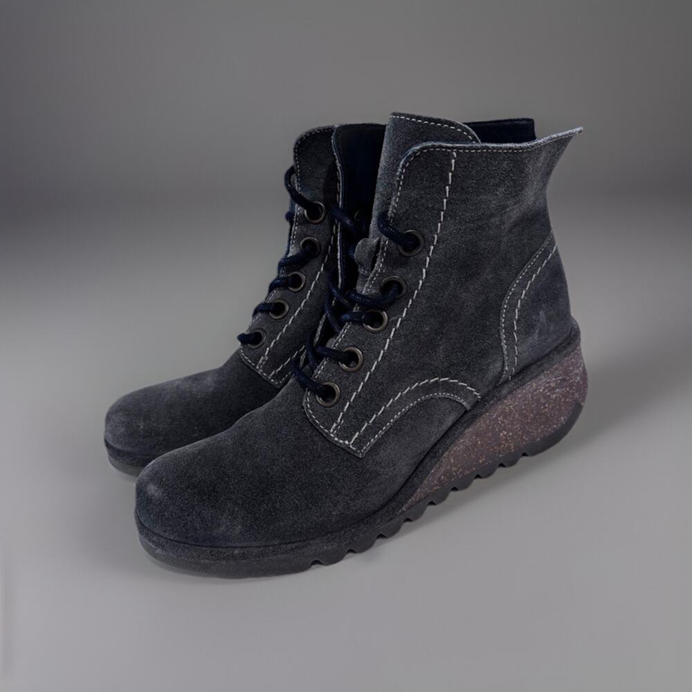 Fly London Nero black suede leather wedge booties EU 40 US 9-9.5 Combat Boots